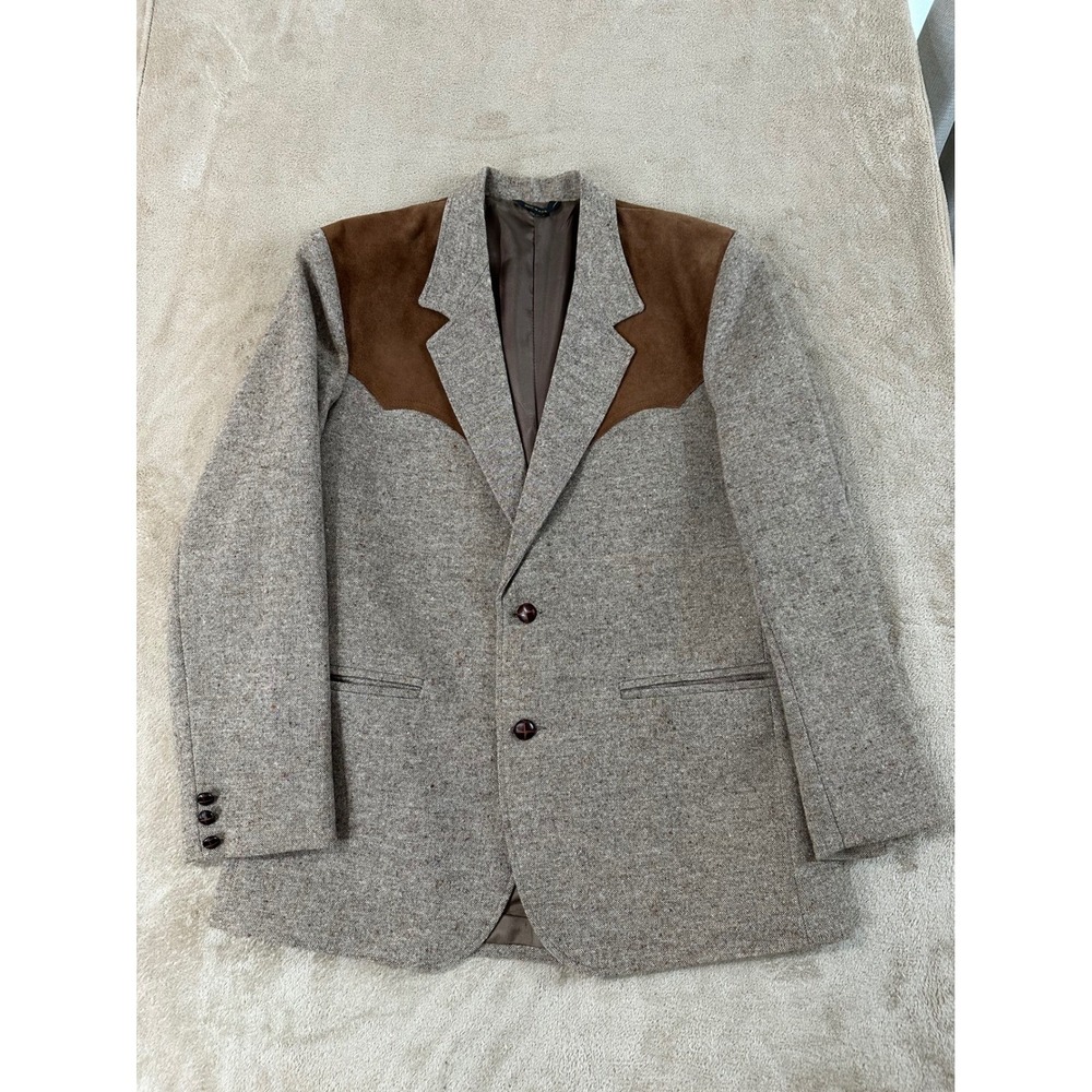 Vintage Miller Stockman Western Sport Coat Mens 42 Tan Wool Tweed Suede Yoke EUC